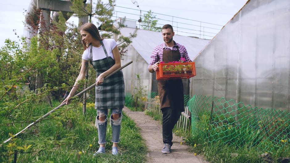 A woman wearing a white t-shirt and a checked apron is using gardening shears to trim plants along a garden bed, with wet soil and lush green foliage visible. Next to her, a man in a checked shirt and